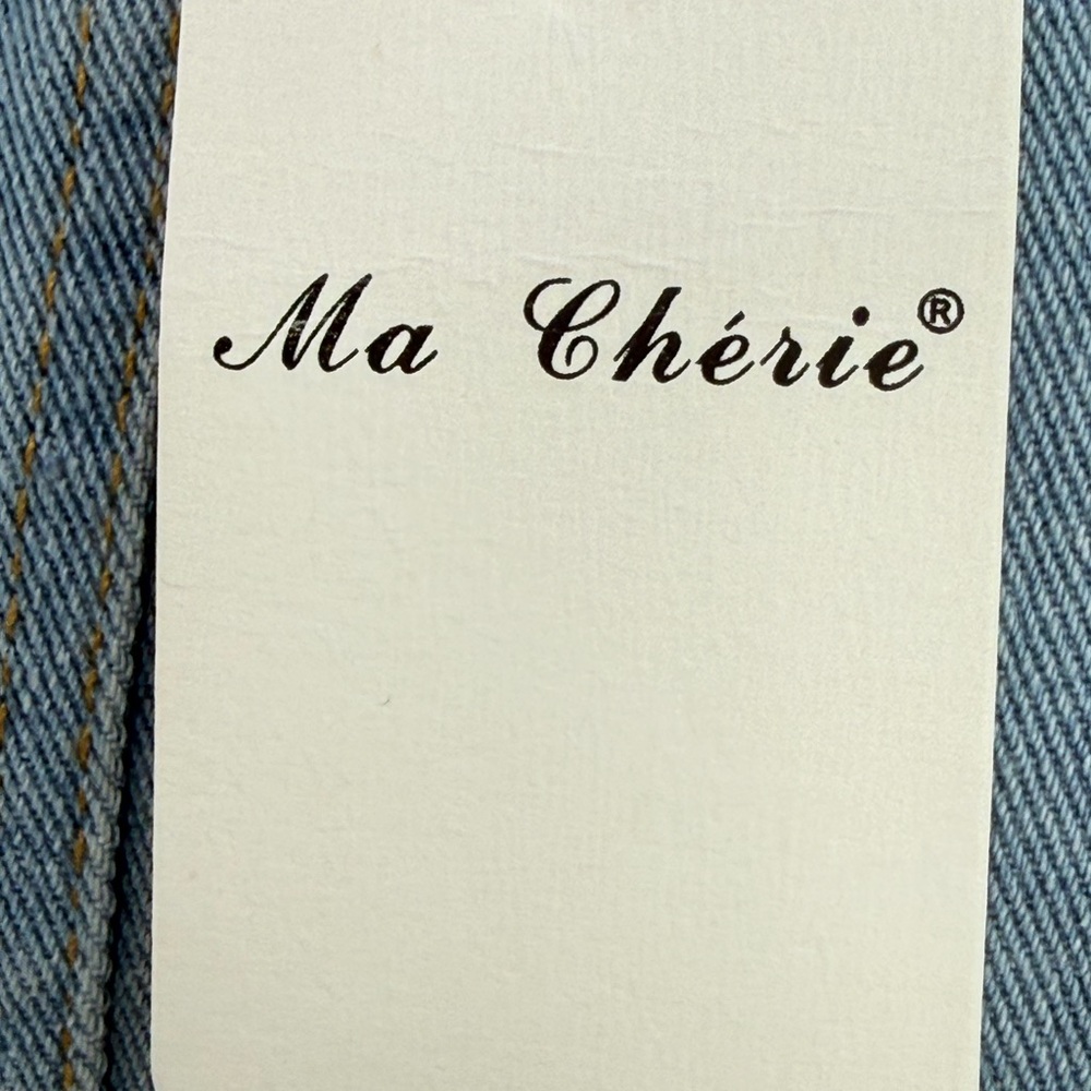 Ma Cherie Light Wash Denim Jacket with Gold Crest Buttons Chic Military Style - Picture 7 of 15